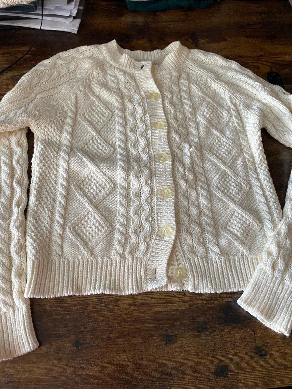 L.L. Bean Cream Cable-Knit Button Cardigan